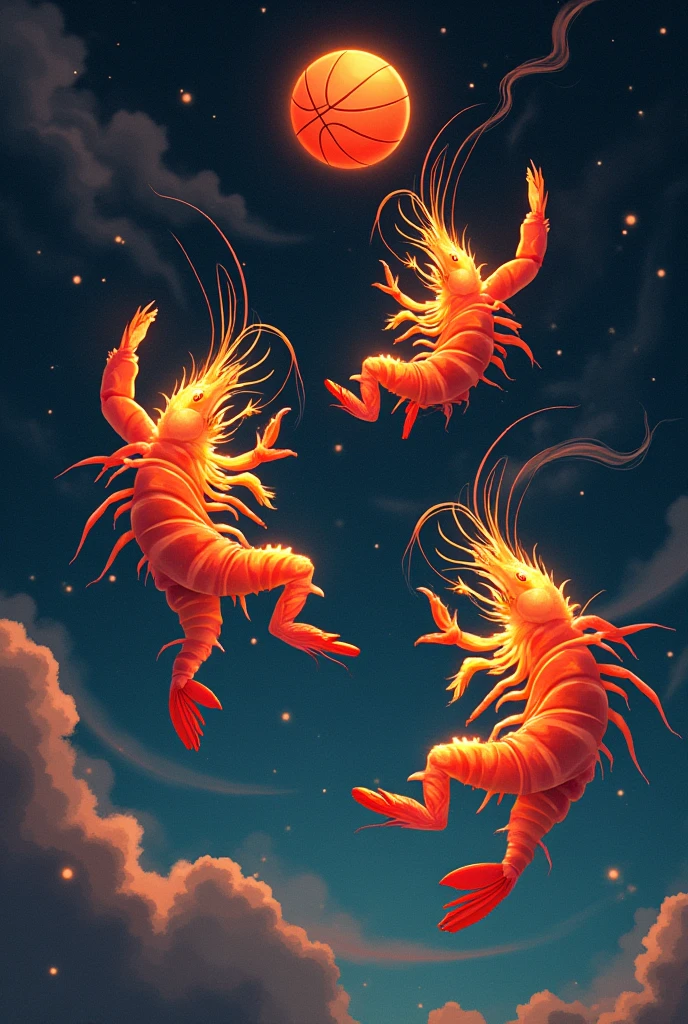 Shrimp on fire floating in space playing basketball 
