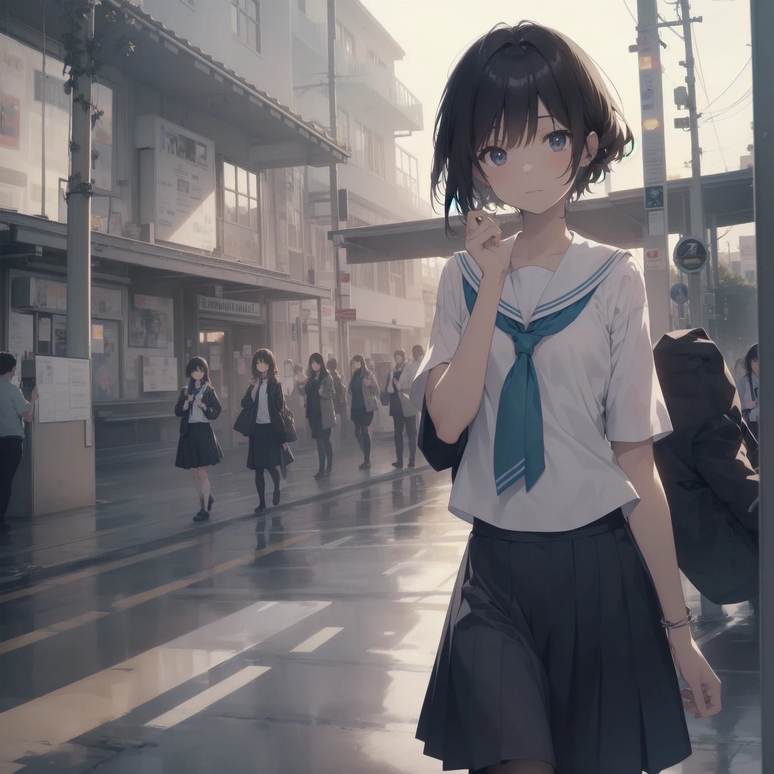 ultra-absurdres-Top quality by artist God, ultra-detailed, high resolution, anime moe artstyle, best anime 8k konachan wallpaper, pixiv contest winner, pool:2810, perfect anatomy,break, 1girl, (Please draw a girl walking sleepily to school alone. )break,(Solo,little female,15age:1.3),Full limbs, complete fingers,a junior high school student, (very short hair), short cut, flat chest, , small butt, small black eyes, beautiful detailed eyes, well-proportioned iris and pupils, expressive eyes, highres detailed hair, soft expression, salor school_uniform, sailor collar, serahuku, bow, pleated skirt,(Detailed Lighting), (Detailed background), in the School commute route. break,super detailed skin, Best cinematic lighting powered by famous artist, 8k,beauty illustration,photoshop_(medium),very aesthetic,break,((artist:echo_(circa) )), artist:clamp ,artist:carnelian ,artist:kantoku ,
