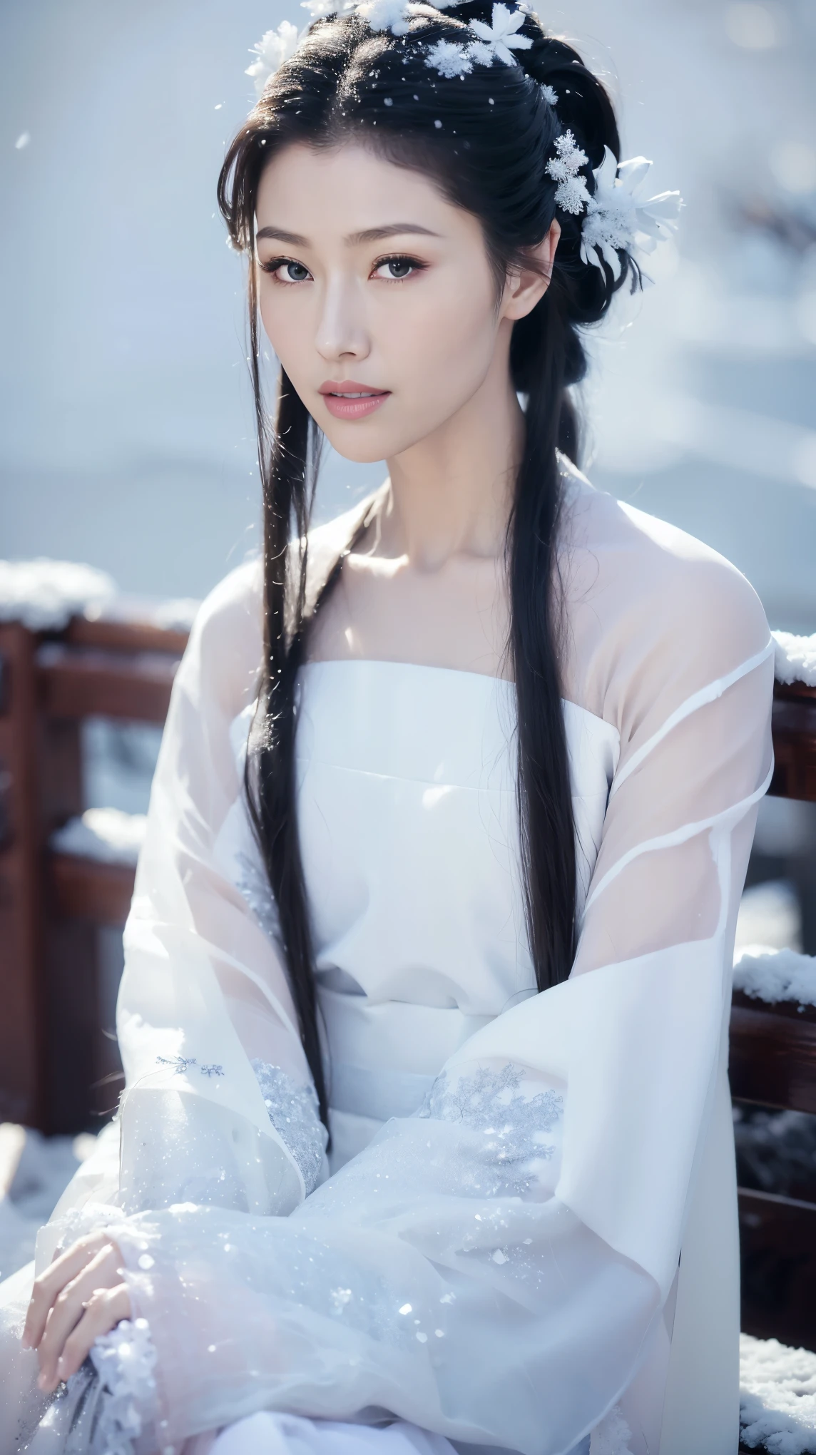 1 Fashion Model [[[[close up]]]], [[[[neck]]]], [[[[Shoulder]]]], (((Complete head)))，(((Complete hairstyle)))，Perfect eyes, Perfect Iris，Perfect lips，Perfect Teeth，Perfect skin，White skin，Soft headlights，High-density imaging，Black long hair，（Clean and delicate face），((Simple red Hanfu))，((Half-length photo))，((Snow Scene))，((winter))，((Various dynamic poses))，((Background with snow and rime))，best quality，masterpiece，（Soft colors：1.2）