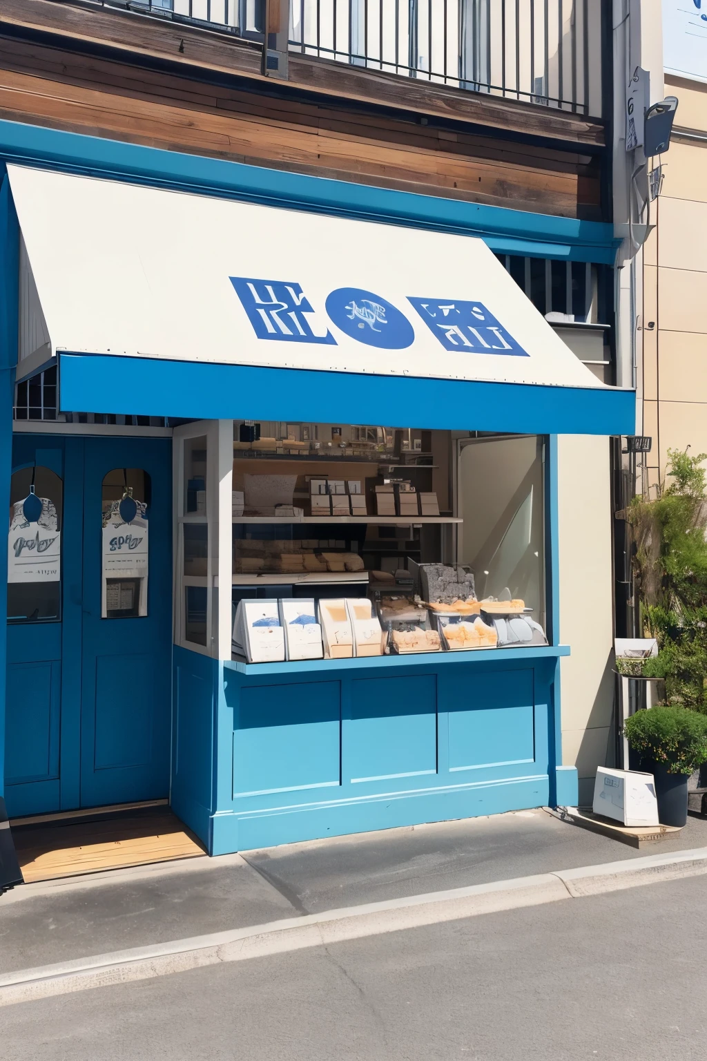 Store design for a milk specialty store based on blue, white, and black。 A cute, pop-style French country-style shop for women。 Fresh milk for sale、Soft serve ice cream and milk pudding、A store that also sells milk donuts。 Located in a department store in Kichijoji, Japan。 It's a small restaurant with about 10 seats for eating in.。