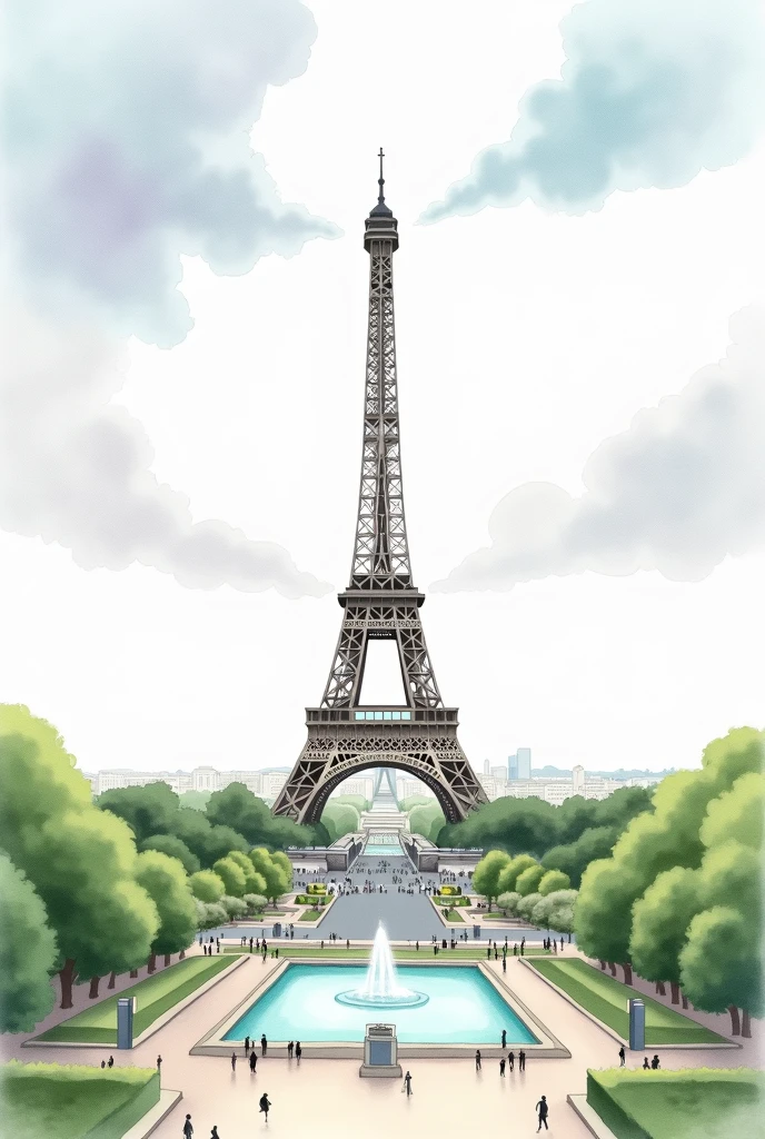 Imagine painting the Eiffel Tower from the Trocadéro viewpoint in soft, flowing watercolor. The Eiffel Tower stands majestically in the center, its iron latticework delicately captured in muted grays and browns, fading slightly toward the top to blend with the sky. The sky itself is a soft wash of pastel blues and purples, with gentle clouds adding texture. Below, lush green trees and gardens frame the base of the tower, while the fountains and pools of the Trocadéro glisten with pale turquoise, reflecting the tower's silhouette. In the foreground, light brushstrokes suggest figures and pathways, creating a serene, romantic Parisian scene.
