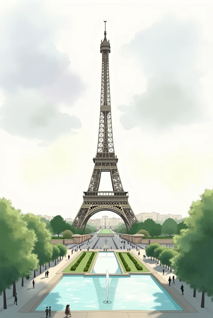 Imagine painting the Eiffel Tower from the Trocadéro viewpoint in soft, flowing watercolor. The Eiffel Tower stands majestically in the center, its iron latticework delicately captured in muted grays and browns, fading slightly toward the top to blend with the sky. The sky itself is a soft wash of pastel blues and purples, with gentle clouds adding texture. Below, lush green trees and gardens frame the base of the tower, while the fountains and pools of the Trocadéro glisten with pale turquoise, reflecting the tower's silhouette. In the foreground, light brushstrokes suggest figures and pathways, creating a serene, romantic Parisian scene.