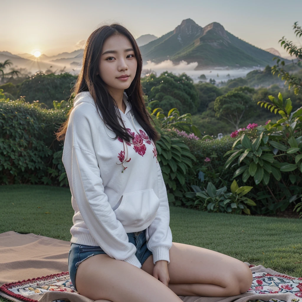 Beautiful young Korean woman with clean white skin, well-groomed face,Red knitted hoodie decorated with orchid motif,black jeans,sitting on the green grass,near the orchid garden,The background is a vast orchid garden and mountains with a beautiful sunset and mist.,smile sweetly,Original photo,Realistic
