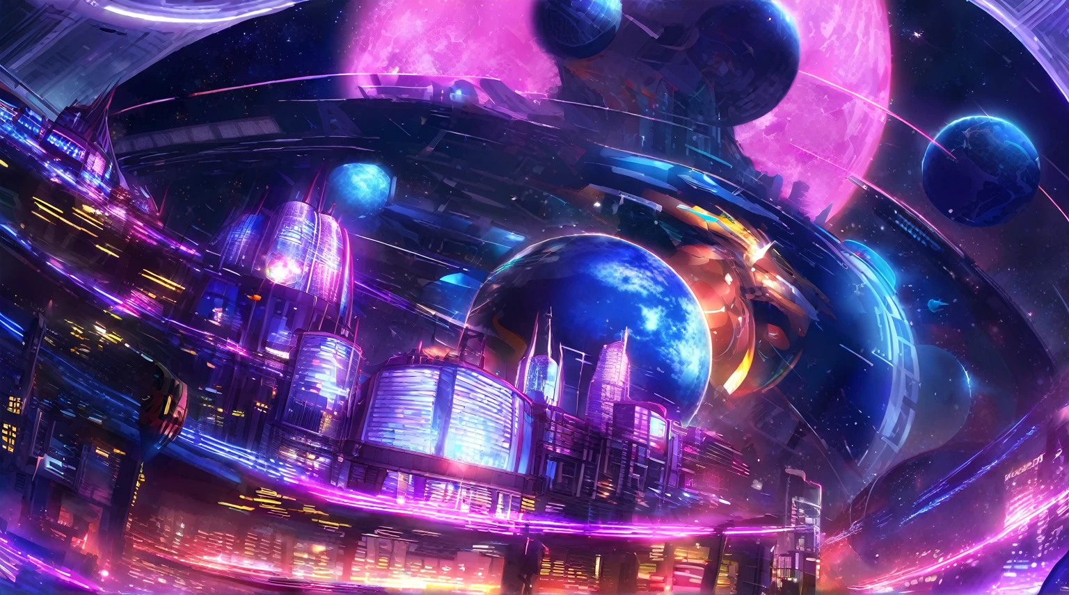 Future City Building,Tall buildings tower,The main building is the highest,night,Outer Space,spacecraft,Space base station,Planet Earth,Sci-fi style,Vertical composition,Interstellar background,Ultra wide-angle lens,Night lighting,spacecraft悬浮,Space base station连接,Planet Earth远景,Cool colors,Mystery。