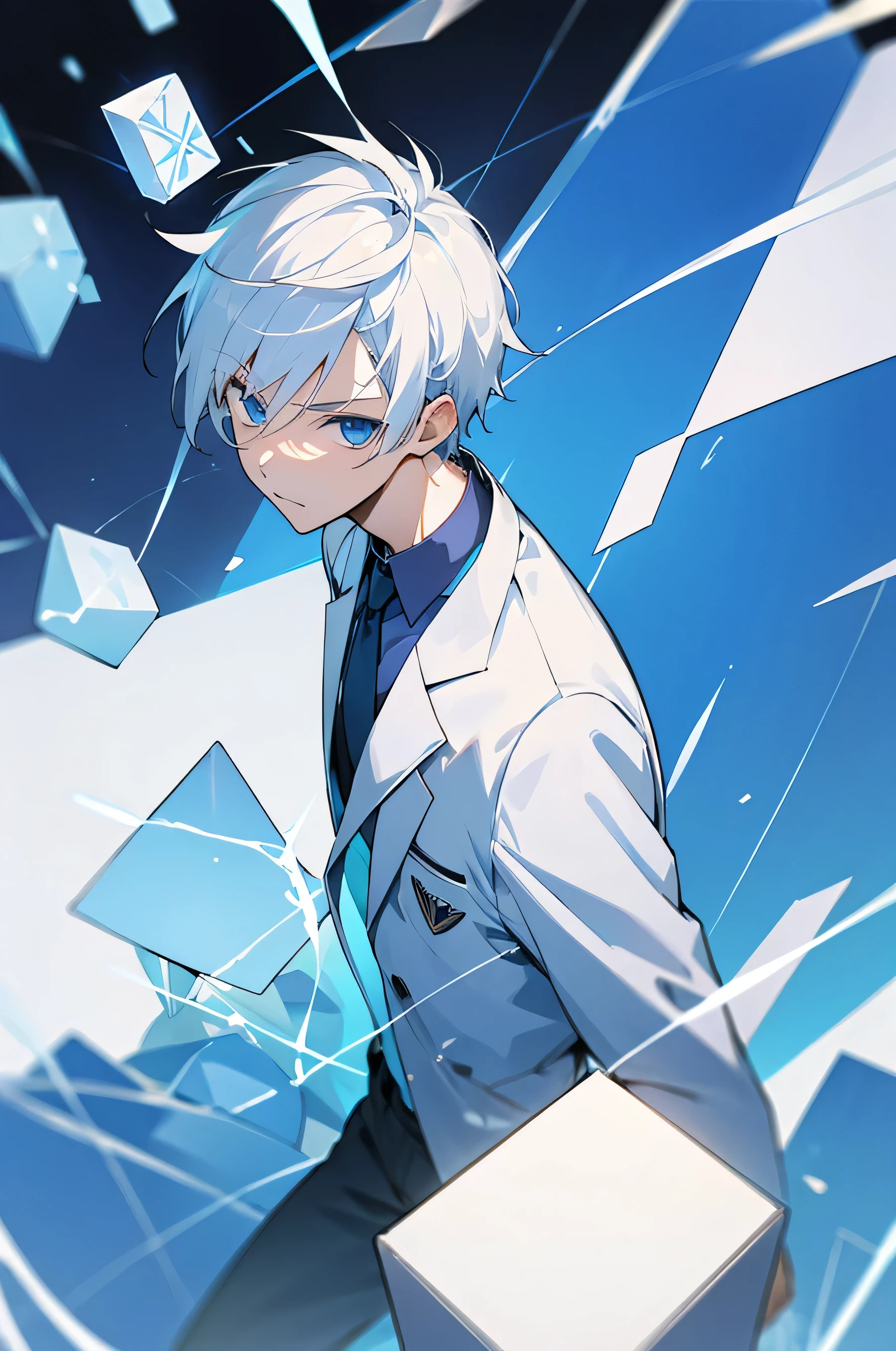 Male, , White hair, Blue eyes, Suit, Blue Lightning, Cube Background