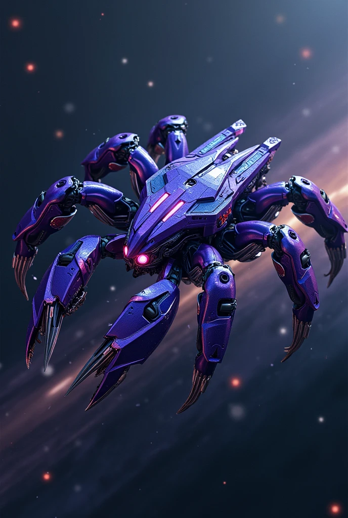 I want a blue and purple Decepticon transformer robot shaped like a mechanical crab with eight legs flying through space