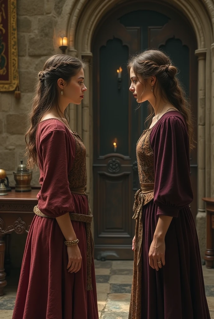 young woman feeling displaced by another young woman in the middle ages
