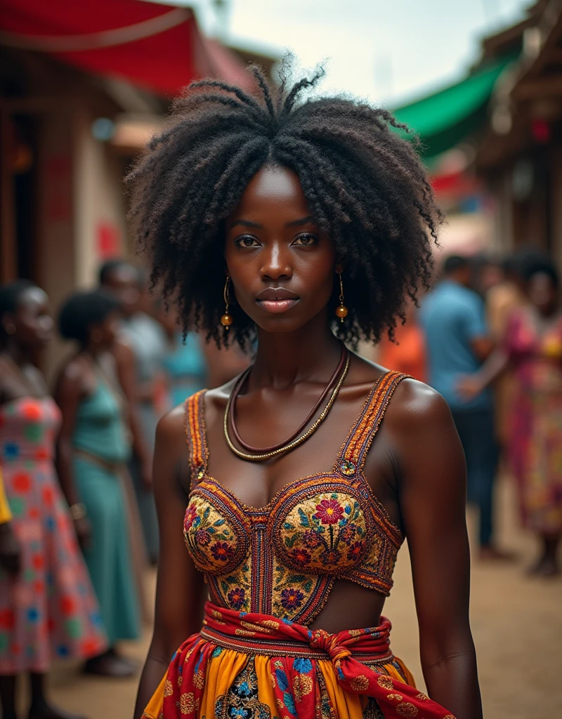 A woman with dark skin and curly hair wears a traditional costume with embroidered details, positioned in a local market full of vibrant colors. 8K image captures cultural richness and complexity of detail, providing a sense of authenticity and connection with roots.