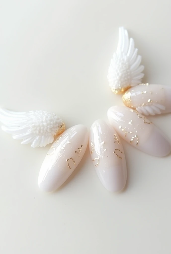 Create an almond-shaped angel wing nail design on a white background。 
