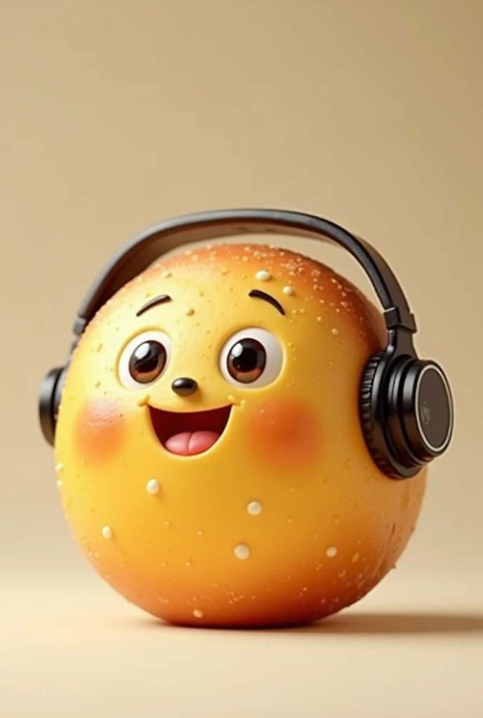 Photo of a round male cheese bread with a little face and gamer headphones 

