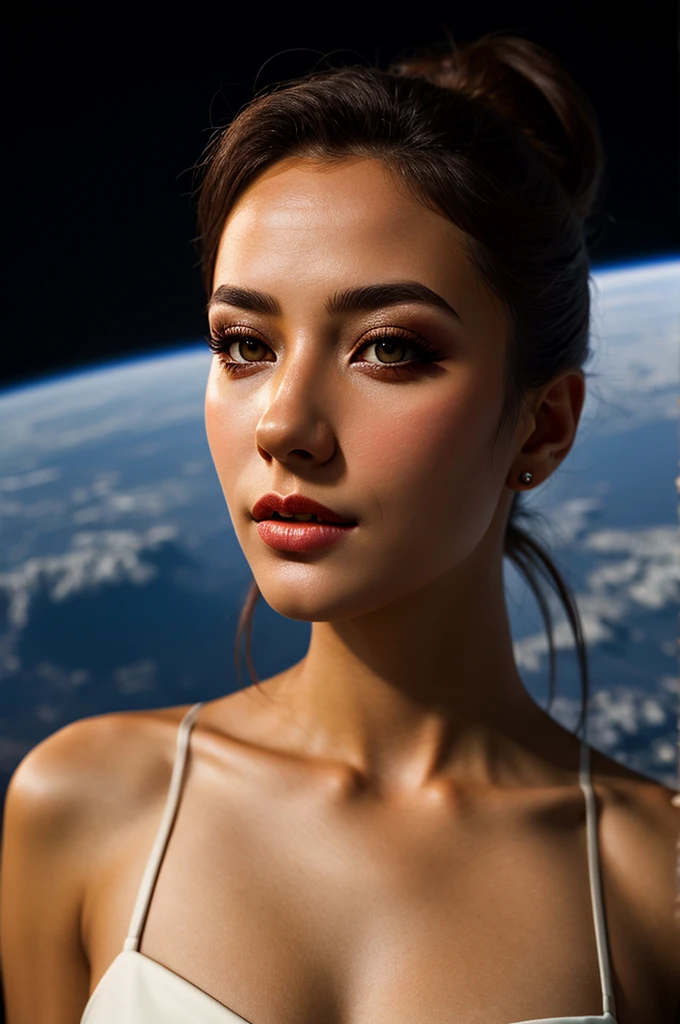 1girl, beautiful face, ((white eyes)), sexy pose, Red moon in the background, stars, space, (lightroom:1.13), soft light, (natural skin texture:1.2), (hyperrealism:1.2), sharp focus, focused,[[realistic]]