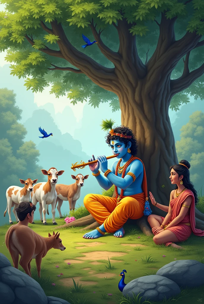 Lord little  Krishna sitting under a tree playing flute, cow calves, peacocks,Birds and man sit  around Lord Krishna