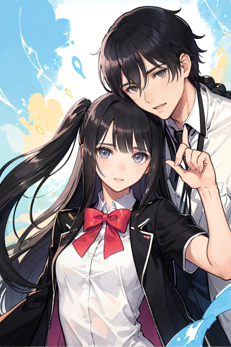man and woman, couple, love, mature, a cat woman, she has freckles, she has dark brown eyes and an upturned nose, she is happy and smiling, she has long wavy hair, black hair, she is wearing aviator sunglasses with clear lenses in a soft watercolor style. The girl's clothes must be pink, purple, and blue in celebration of the bisexual, with stains of ink and watercolor mixing and filling the scene. he has blonde hair, he is handsome, he is slim. There should be a subtle, nuanced change in colors using the impasto technique with gouache paint. There should be a light rain in the watercolor painting with a little watercolor paper texture and a pastel background.