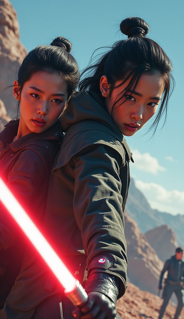 star wars poster, dramatic scene, ((Expressive characters)), Future-oriented details, Energetic and ((Fascinating colors)), Dynamic configuration, Lee Jung-jae, Lightsaber