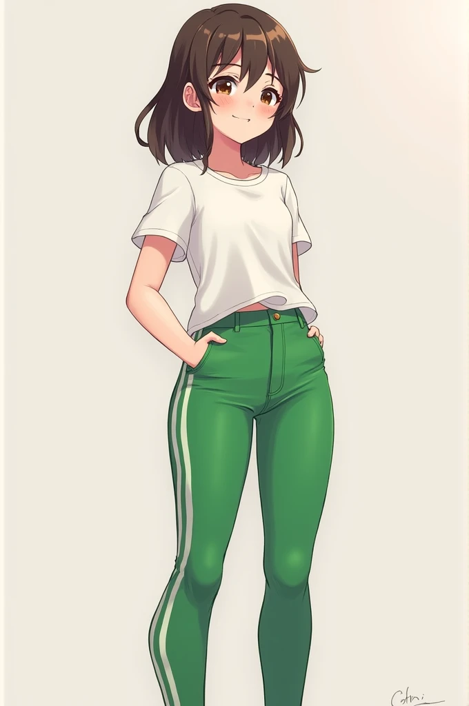 1 girl, green flag pants, school shirt, and big thighs
