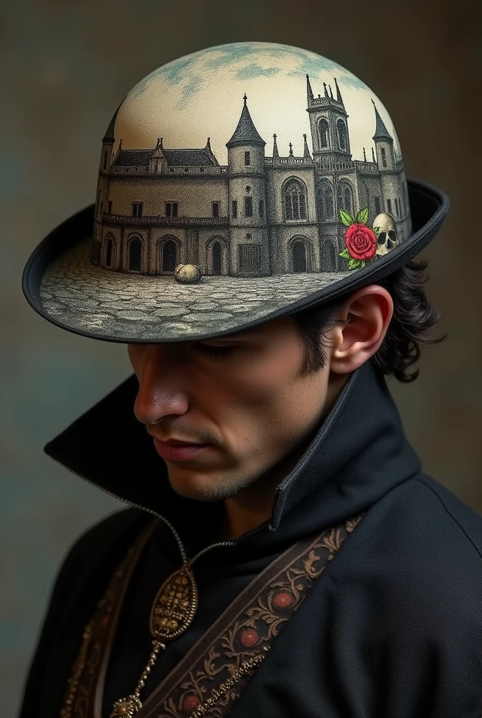 Hat with a design that narrates a significant scene from Hamlet