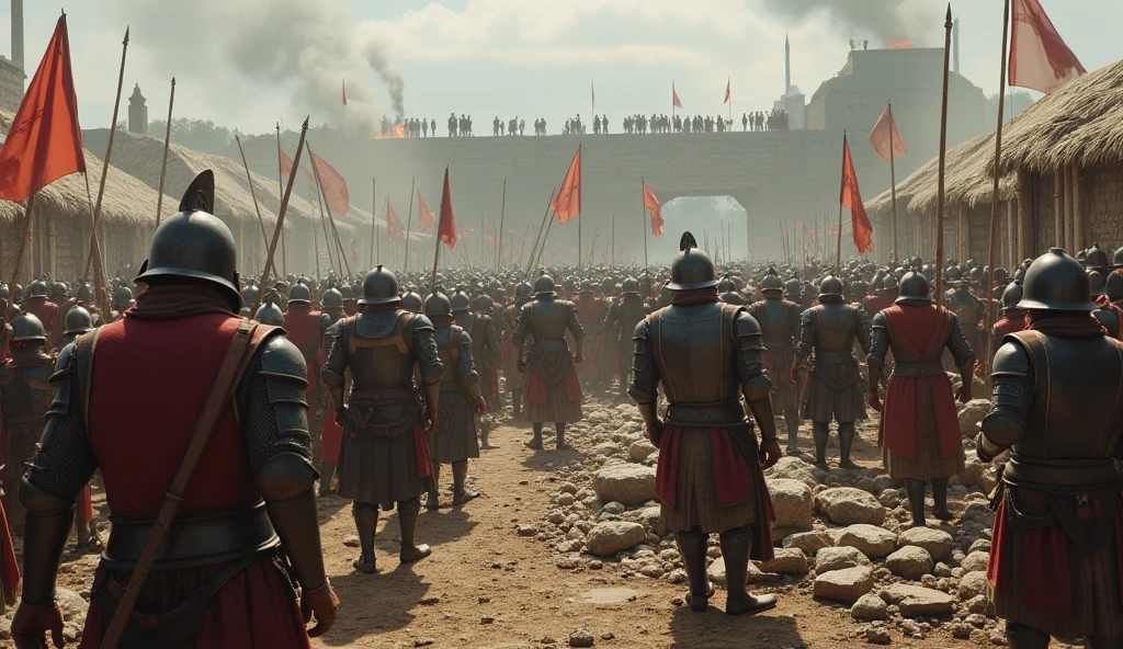 Create a vivid scene of medieval soldiers and peasants engaged in intense preparation for an impending large-scale conflict. Soldiers in sturdy armor, some with helmets and shields, are working on fortifications, reinforcing wooden palisades, and preparing catapults and trebuchets. Nearby, peasants in simple garments, with rough hands, are carrying stones, repairing barriers, and sharpening tools and weapons. The background should include makeshift tents, scattered armor pieces, and a partially constructed wooden wall or barricade. The atmosphere is one of urgency and determination, with smoke rising from campfires and the sound of clanging metal, illustrating the mobilization and collective effort to face the imminent threat., Surrealism, Hyperrealism, UHD, retina, masterpiece, accurate, anatomically correct, textured skin, super detail, 16k