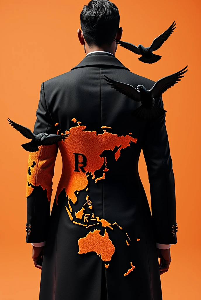 Create a black and orange coat, highlighting the shape of a flock of 3-4 pigeons on top and the continent of Earth."The middle of the back is embroidered with a detailed pattern. Simple but elegant. There is the letter BA in the world.