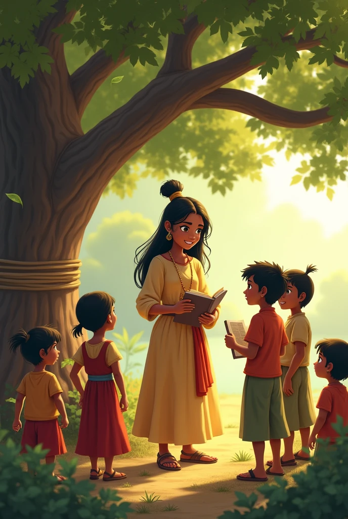 
Ananya Helping the Villagers: "Princess Ananya, in modest attire, teaching a group of children under a large tree, 
