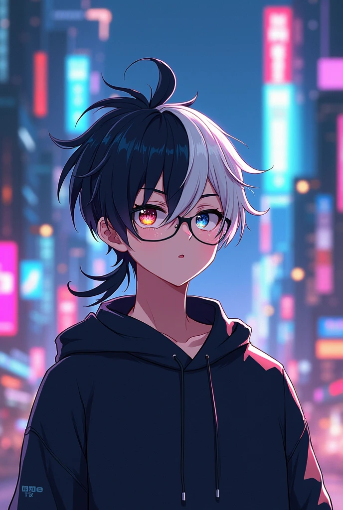 Young male with white hair and black tips and a ponytail and eyes of two different colors and anime version glasses in a city landscape 