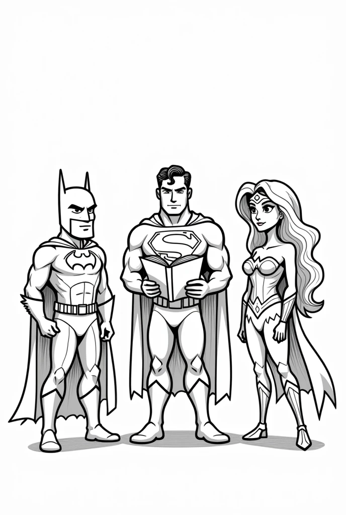 Create an illustration for children'Boken para colorir, which can be used in the Zara store. Deixe as roupas e o fundo uncolored., so that children can color them to their liking. Superman reading the holy bible to batman and wonder woman. Full-body image. white background, with nothing. Imagem uncoloredes, disney pixar style drawing. Masterpiece artwork, best qualityer, hight contrast, uncolored, Boken , style cartoon, Sketch style, black and white without shading, uncolored, no shadow, style cartoon, line art,