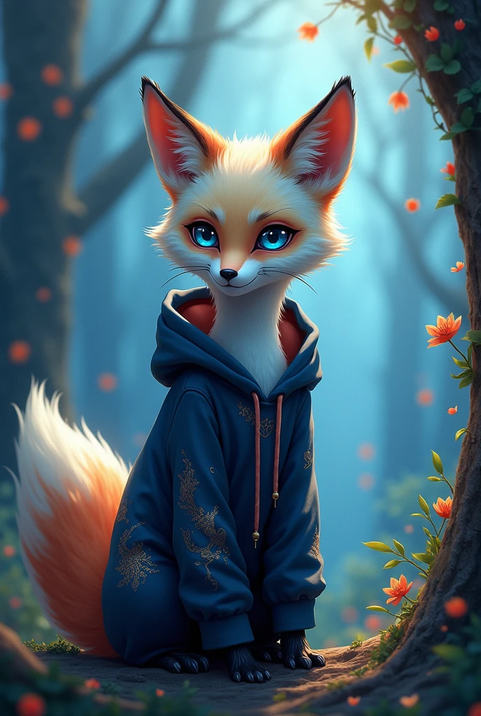 fox, femboy, sky blue eyes, multicolored fur, white fur, dark brown fur, black fur, wearing a hoodie, in a enchanted forest, solo,