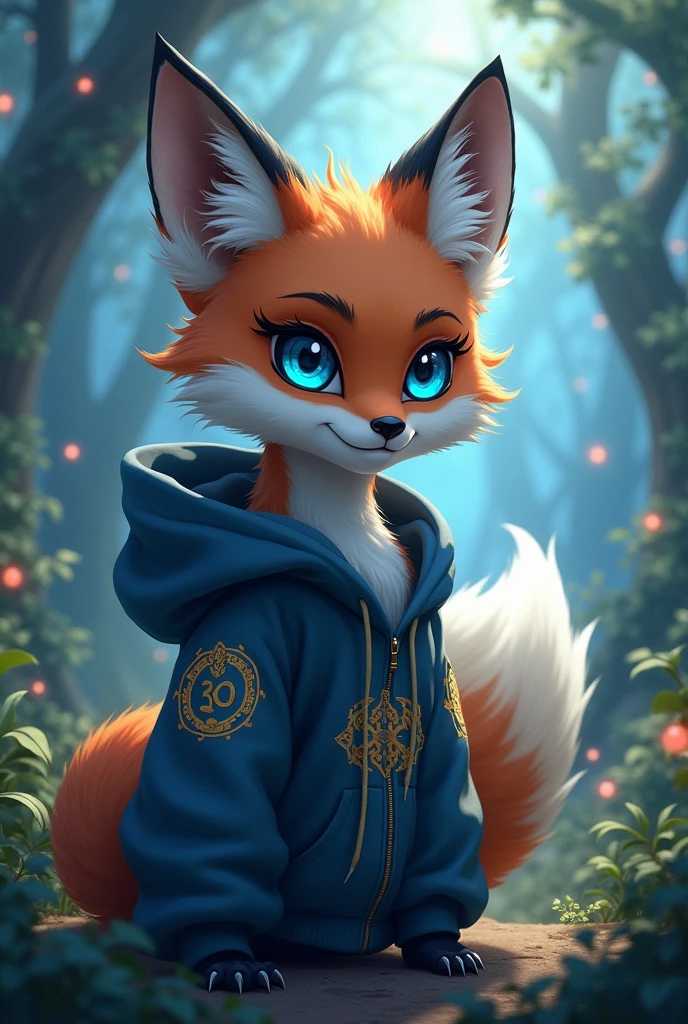 fox, femboy, sky blue eyes, multicolored fur, white fur, dark brown fur, black fur, wearing a hoodie, in a enchanted forest, solo,