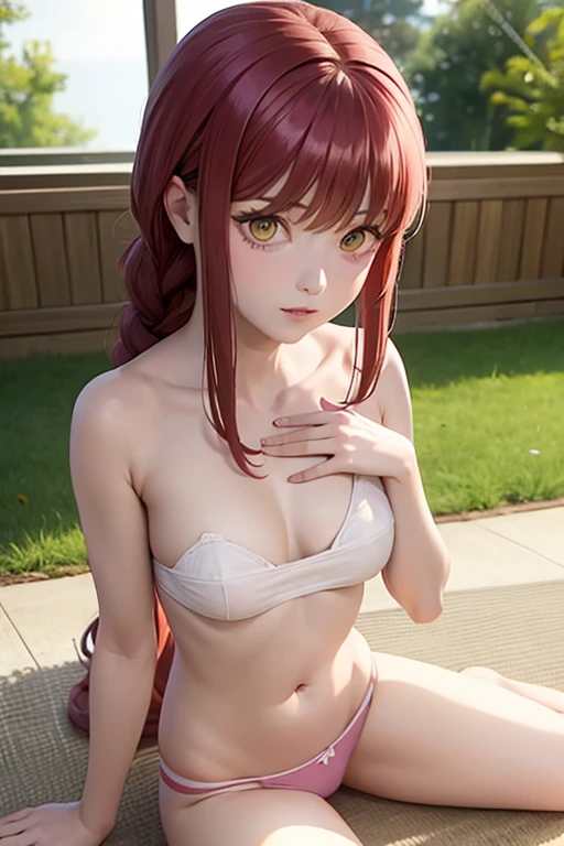 score_9, score_8_up, score_7_up, score_6_up, score_5_up, score_4_up, BREAK, source_anime,1girl, kinomoto sakura, straight hair, brown hair, long hair, green eyes, shirtless, wearing only pink panties, lying on the floor, putting her hands on her chest, legs spread, looking at the viewer with an angry face, solo, outdoors, blue sky, park background