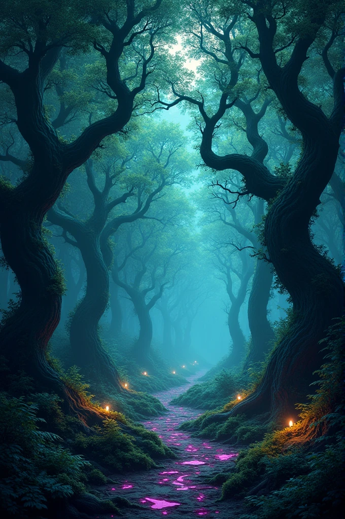 The Enchanted Forest Concept: A dark and mysterious forest, with tall, twisted trees. between the trees, Flashes of light appear that illuminate paths where magical creatures like fairies, Witches and ghosts move in the darkness.
colors: dark green, Brown, with touches of blue and violet for the magical lights.
Typography: Organic sources that appear to grow like branches or roots.