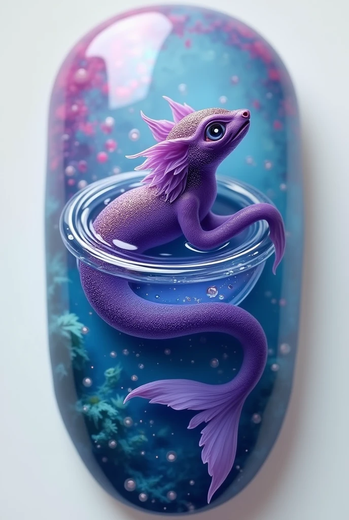 Create a mermaid-inspired oval nail design/or、Purple sea creature, There is a bowl with blue and pink