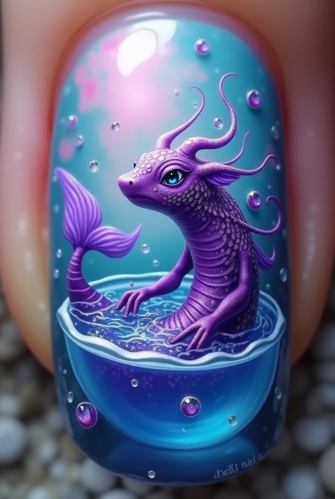 Create a mermaid-inspired oval nail design/or、Purple sea creature, There is a bowl with blue and pink