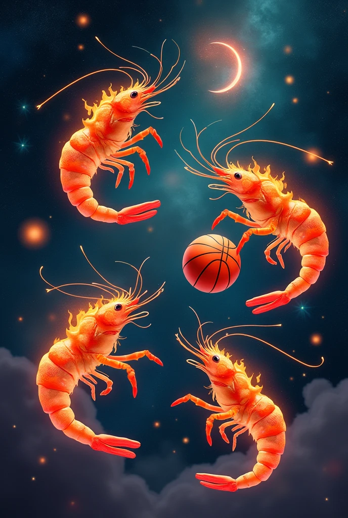 Shrimp on fire floating in space playing basketball