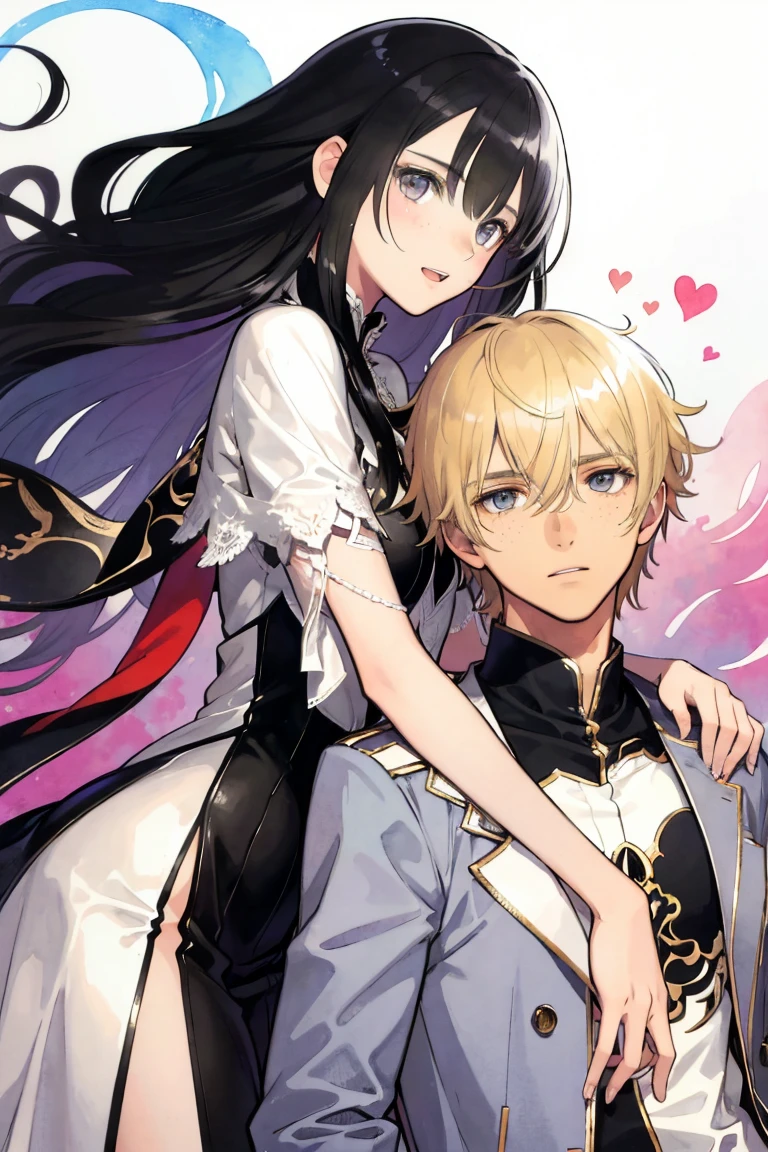 man and woman, couple, love, mature, a cat woman, she has freckles, she has dark brown eyes and an upturned nose, she is happy and smiling, she has long wavy hair, black hair, she is wearing aviator sunglasses with clear lenses in a soft watercolor style. The girl's clothes must be pink, purple, and blue in celebration of the bisexual, with stains of ink and watercolor mixing and filling the scene. he has blonde hair, he is handsome, he is slim. There should be a subtle, nuanced change in colors using the impasto technique with gouache paint. There should be a light rain in the watercolor painting with a little watercolor paper texture and a pastel background.