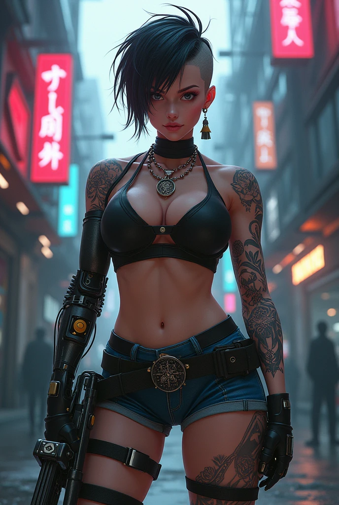 anime, woman, beefy, cyberpunk, short haircut, hairstyle with shaved temple, Prostheses, strong, tattoos, piercing