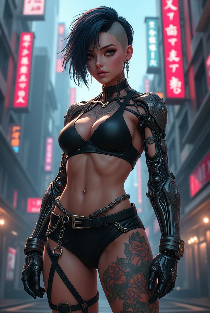 anime, woman, beefy, cyberpunk, short haircut, hairstyle with shaved temple, Prostheses, strong, tattoos, piercing