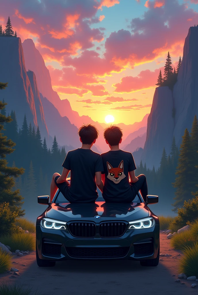 Two best friends setting on a black bmw car
with black t-shart with black t-shart have a fox prian and blue pants both are boy
Between mountain
In rainbow and forest
In evening time
Sun set
One boy is fat and black screen