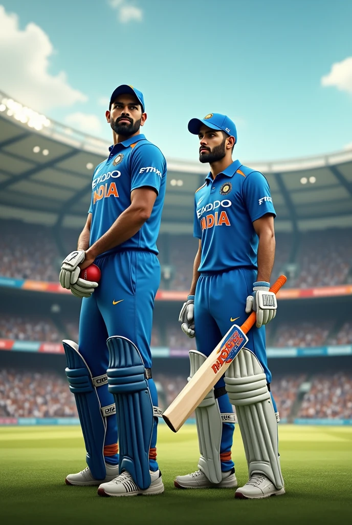 A stedium with ms dhoni hold bat and Virat Kohli hold a ball
