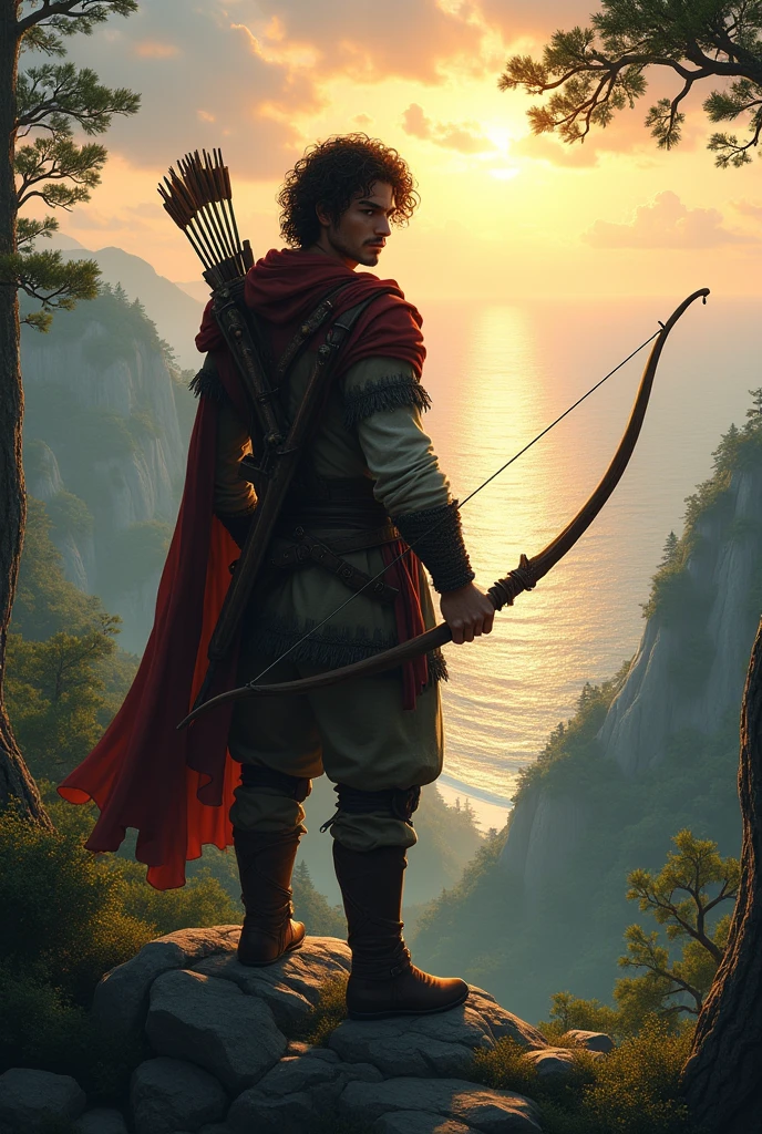 masculine, thin build, brawny, medieval adventurer costume, dark brown haired archer, curly hair falling over the forehead, Holding a bow in hand, eyes browns. In the forest watching the sunrise on top of the mountain overlooking the sea