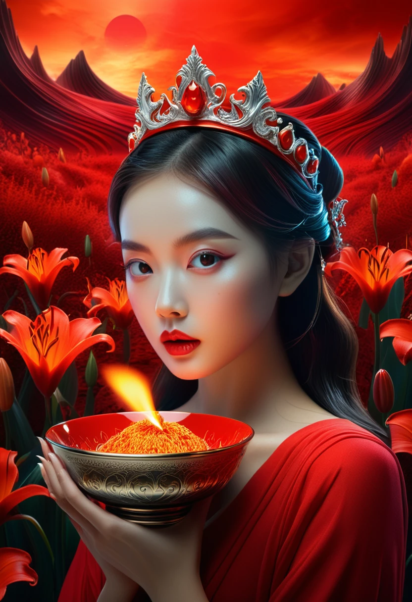 high quality, 8K Ultra HD, 一位迷人女性的Surrealism肖像.
Girl holding a bowl in a fiery red landscape, ghost, Red Lily,Pretty Face,ornate crown, Surrealism, 8K, Extremely detailed, Surrealism, Movie Lighting, Volumetric Lighting, dramatic, atmosphere