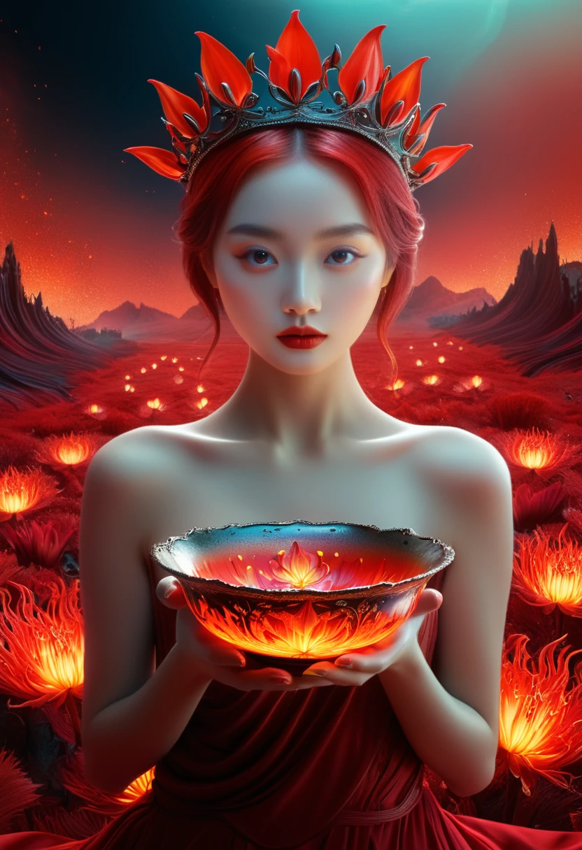 high quality, 8K Ultra HD, 一位迷人女性的Surrealism肖像.
Girl holding a bowl in a fiery red landscape, ghost, Red Lily,Pretty Face,ornate crown, Surrealism, 8K, Extremely detailed, Surrealism, Movie Lighting, Volumetric Lighting, dramatic, atmosphere