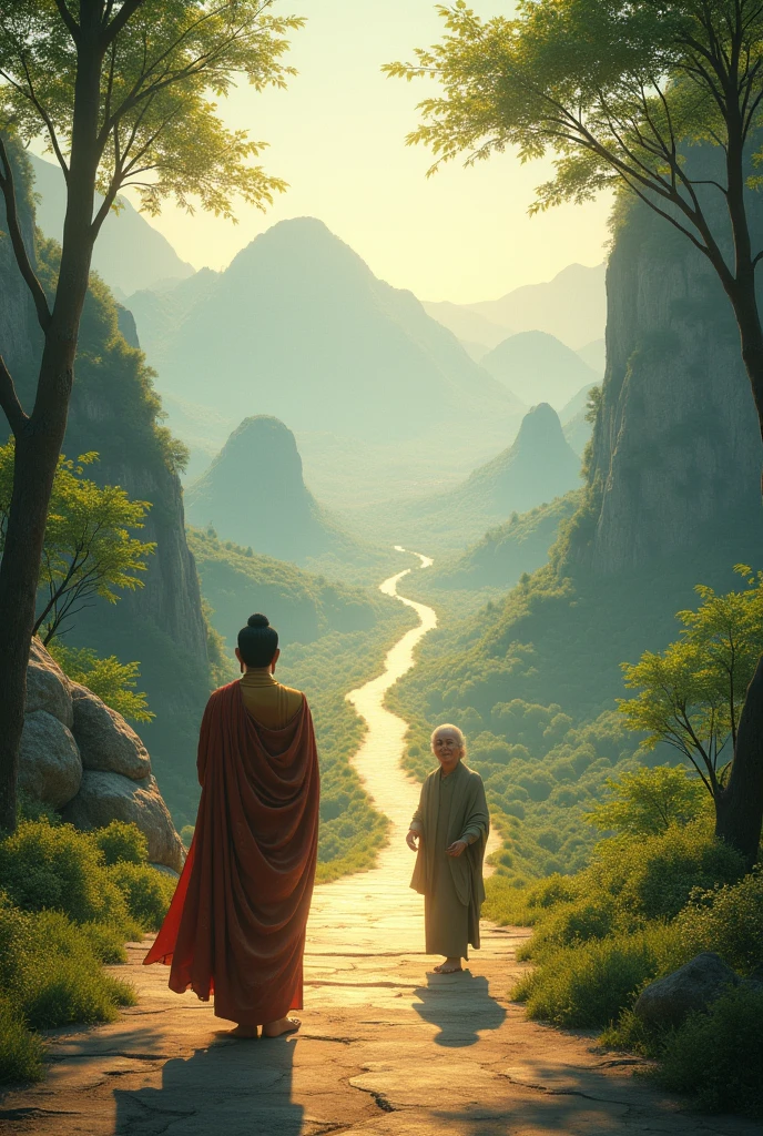 Creat a photo that the Buddha's visit to welcom Mahakassapa with a long raod between them.