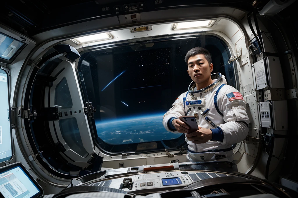 Create an image of a 30-year-old Chinese man. , Put on an astronaut suit , Making a phone call, Background is on the space station.