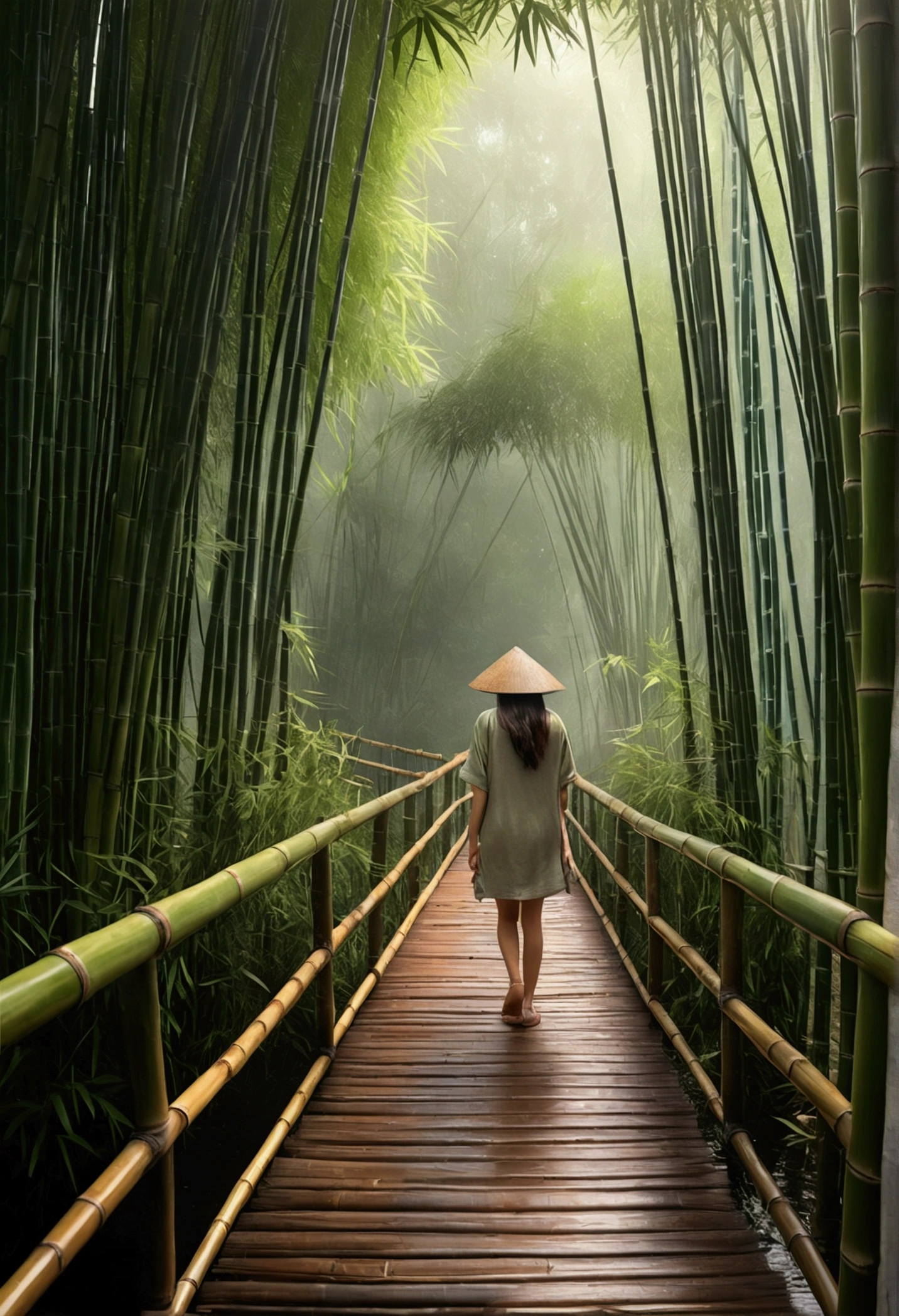 1girl, bamboo forest, bamboo hut, bamboo bridge, detailed bamboo textures, serene landscape, warm lighting, natural colors, (best quality,4k,8k,highres,masterpiece:1.2),ultra-detailed,(realistic,photorealistic,photo-realistic:1.37),intricate details,lush vegetation,atmospheric fog,soft shadows,vibrant colors,natural lighting,peaceful mood