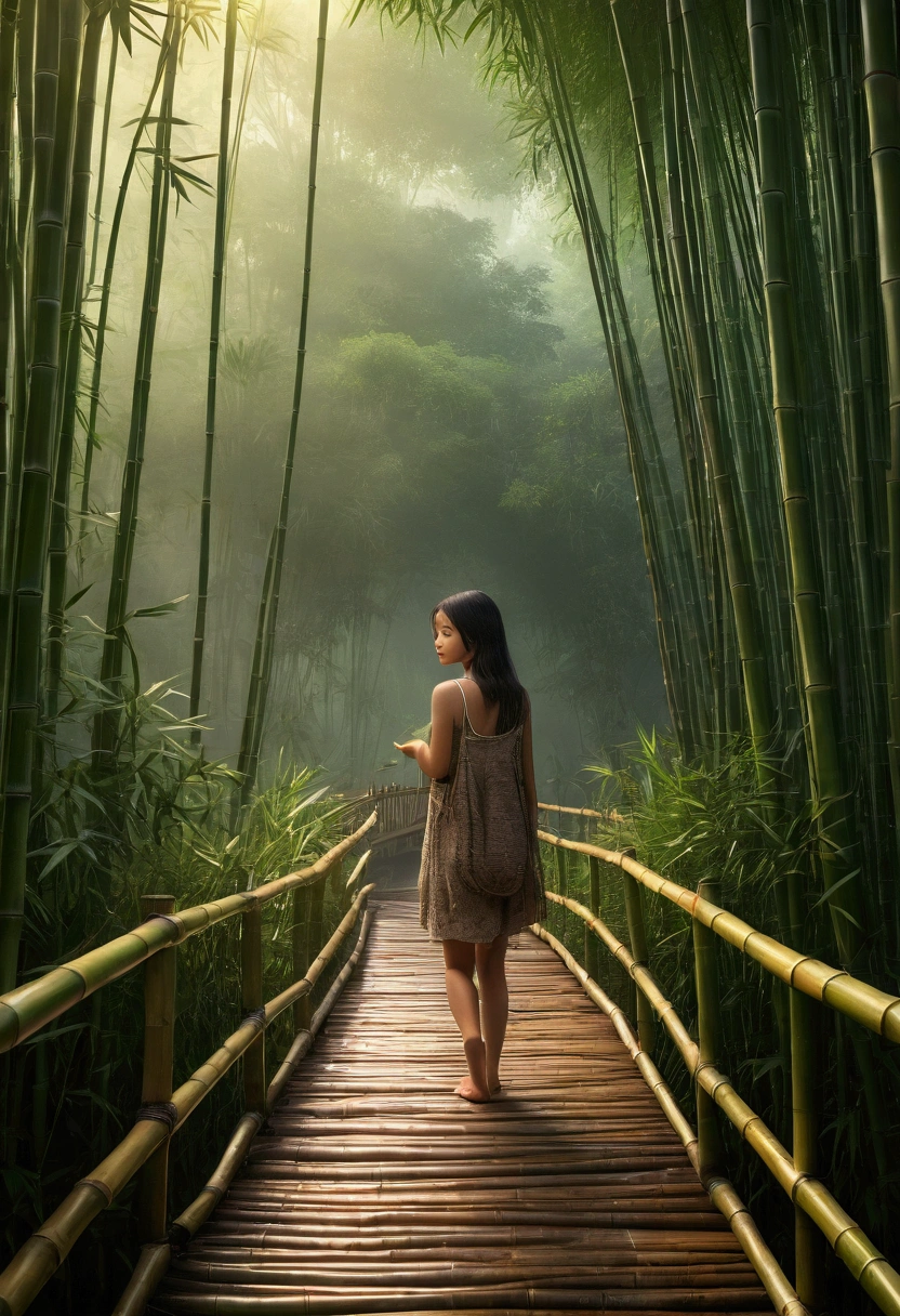 1girl, bamboo forest, bamboo hut, bamboo bridge, detailed bamboo textures, serene landscape, warm lighting, natural colors, (best quality,4k,8k,highres,masterpiece:1.2),ultra-detailed,(realistic,photorealistic,photo-realistic:1.37),intricate details,lush vegetation,atmospheric fog,soft shadows,vibrant colors,natural lighting,peaceful mood