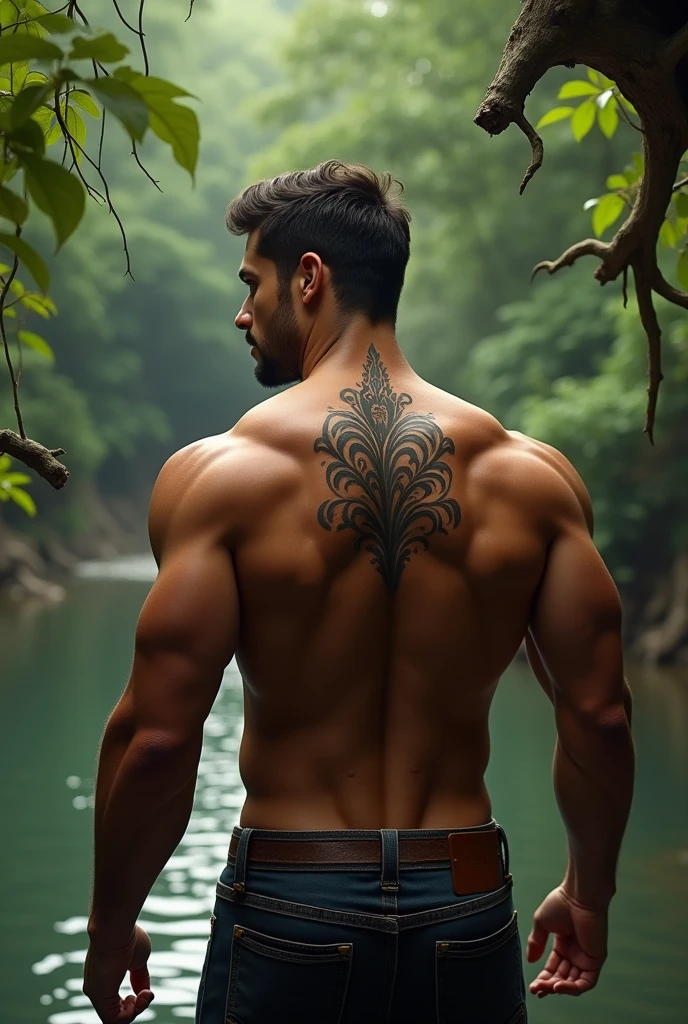 Naked man back Tanned skin Muscular man Branch tattoo
