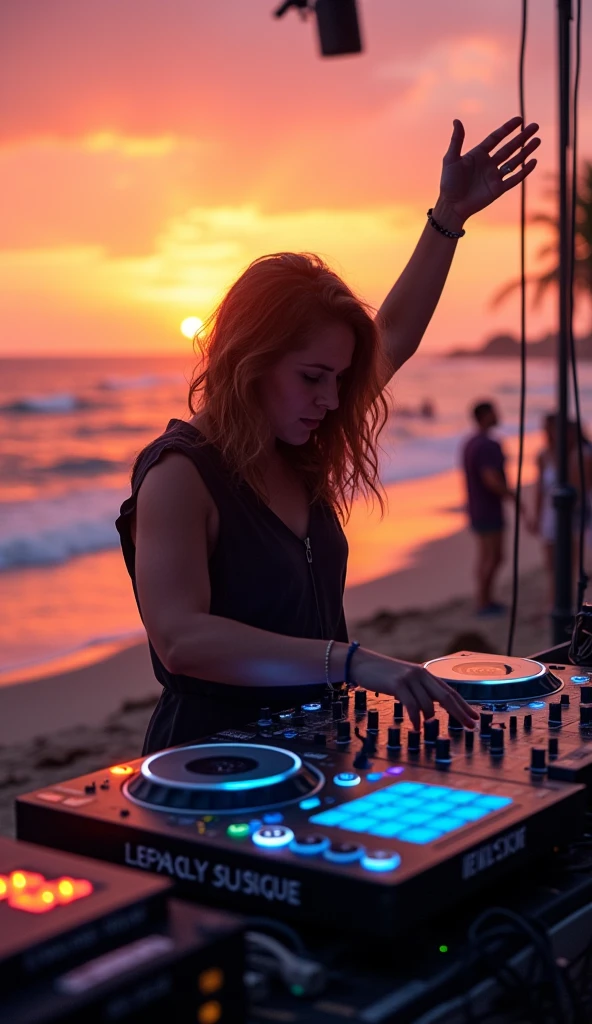 a DJ playing music at sunset on a beach, hand raised, manipulating sound equipment, stunning ocean view, golden hour lighting, vibrant colors, cinematic composition, detailed intricate machinery, glowing electronic displays, mesmerizing dance party atmosphere, photorealistic, hyper detailed, 8k, masterpiece