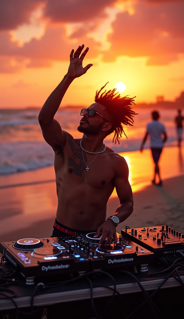 a DJ playing music at sunset on a beach, hand raised, manipulating sound equipment, stunning ocean view, golden hour lighting, vibrant colors, cinematic composition, detailed intricate machinery, glowing electronic displays, mesmerizing dance party atmosphere, photorealistic, hyper detailed, 8k, masterpiece