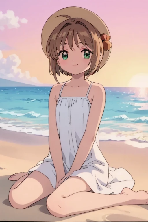 High resolution backgrounds,Beautiful background,anime, cute, girl on the beach at sunset,A big sun setting on the horizon, Flat chest,White camisole dress,Chestnut Hair,Short Bob Hair,barefoot,Green Eyes,White straw hat,Lens flare,Sitting flat directly on the sand,smile