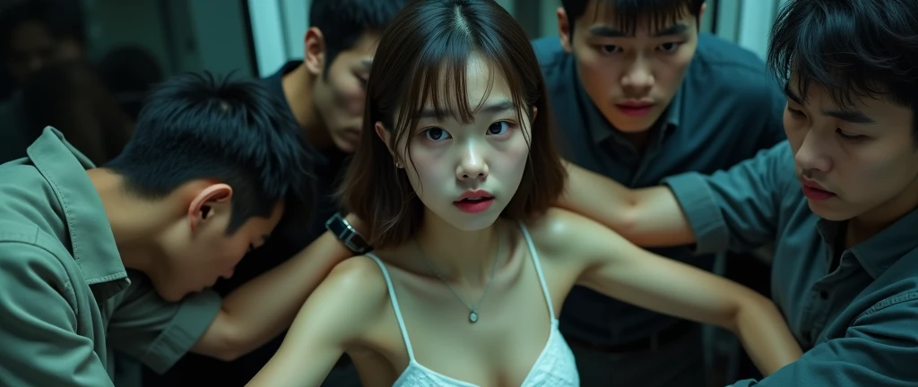 (32K:1.9, Horror depictions:1.9, Highest quality, masterpiece, Ultra-high resolution, Professional random angle camera work:1.5, Very detailedな肌と顔の質感:1.4), Always accurate, Very detailed, bag, (Cute Japanese Woman, Camisole dress and cardigan:1.6, Incredibly slim body:1.3, areola is not visible:1.4, Big breasts on the verge of collapse), ((Crowded train:2.0, Crazy behavior:1.9, in the train、Two young men hugging a woman from behind:1.7)), belt, Fair skin, elegant, sense of cleanliness, Thin eyebrows, (Scared:1.0, Puzzled:1.0, A look that shows deep contempt for you:1.0, Big eyes that exude beautiful eroticism:0.4, Please open your mouth a little, lipstick, Feel the beautiful eroticism:1.0, Dark brown medium hair), Earrings, necklace, bracelet, romantic, mysterious, Object of admiration, original, dramatic, artistic, Innovative, charm, Heartful, Fancy, Tilt, sense of loss, special, ((exciting, Extreme, sense of openness, suffering, sufferingの表現)), ((Mistakes of Youth, 女性的なcharm))
