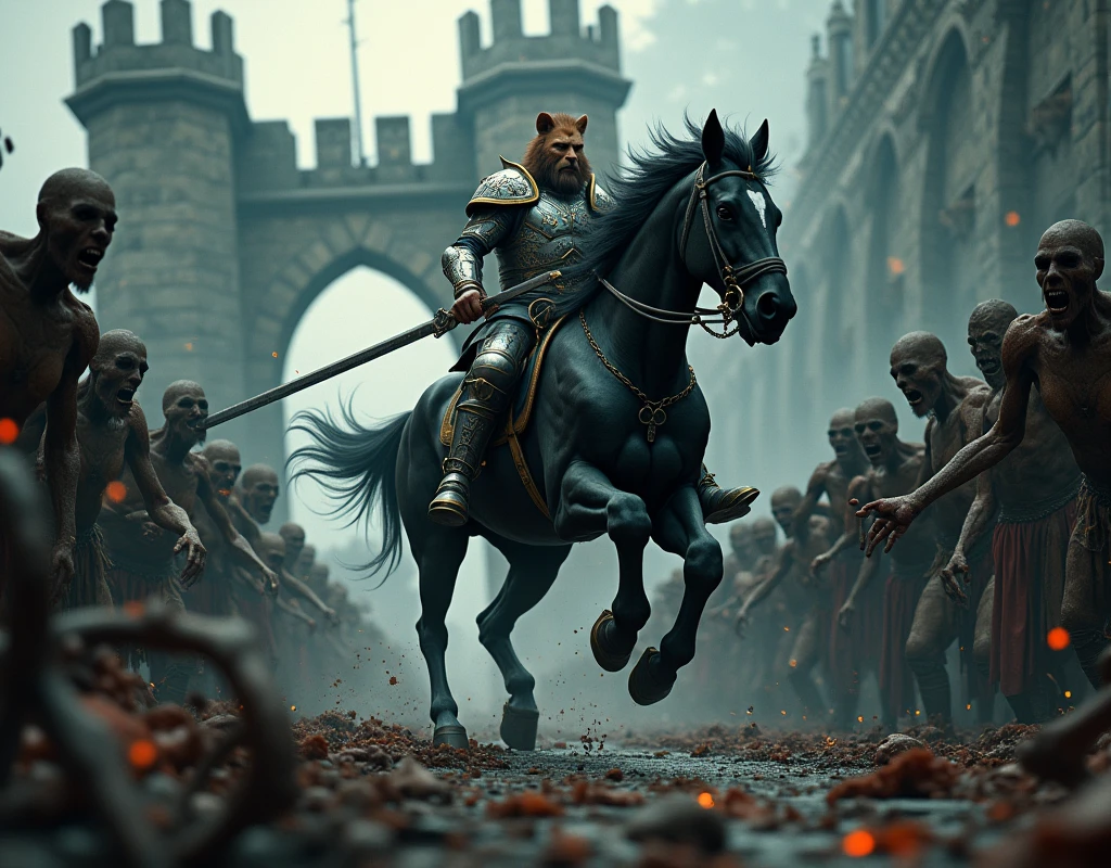 A Lion Warrior, riding his black horse , crossing a bridge full of zombies